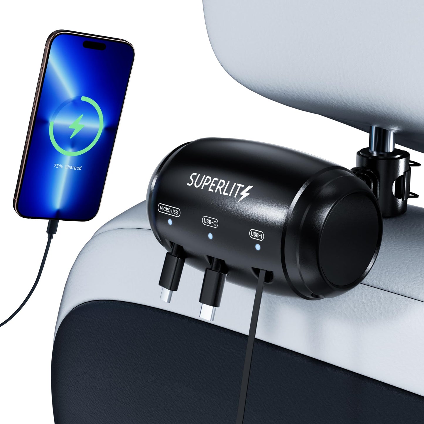 🔌📱 SUPERLIT 3-in-1 Fast Car Charger – Backseat Mount