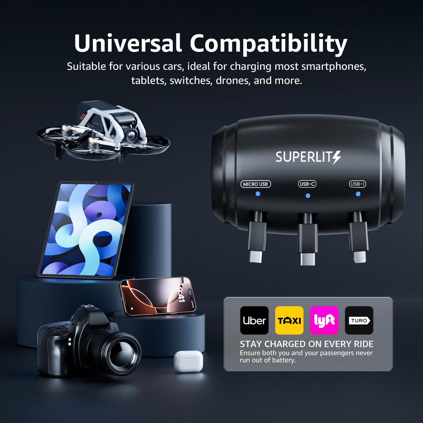 🔌📱 SUPERLIT 3-in-1 Fast Car Charger – Backseat Mount