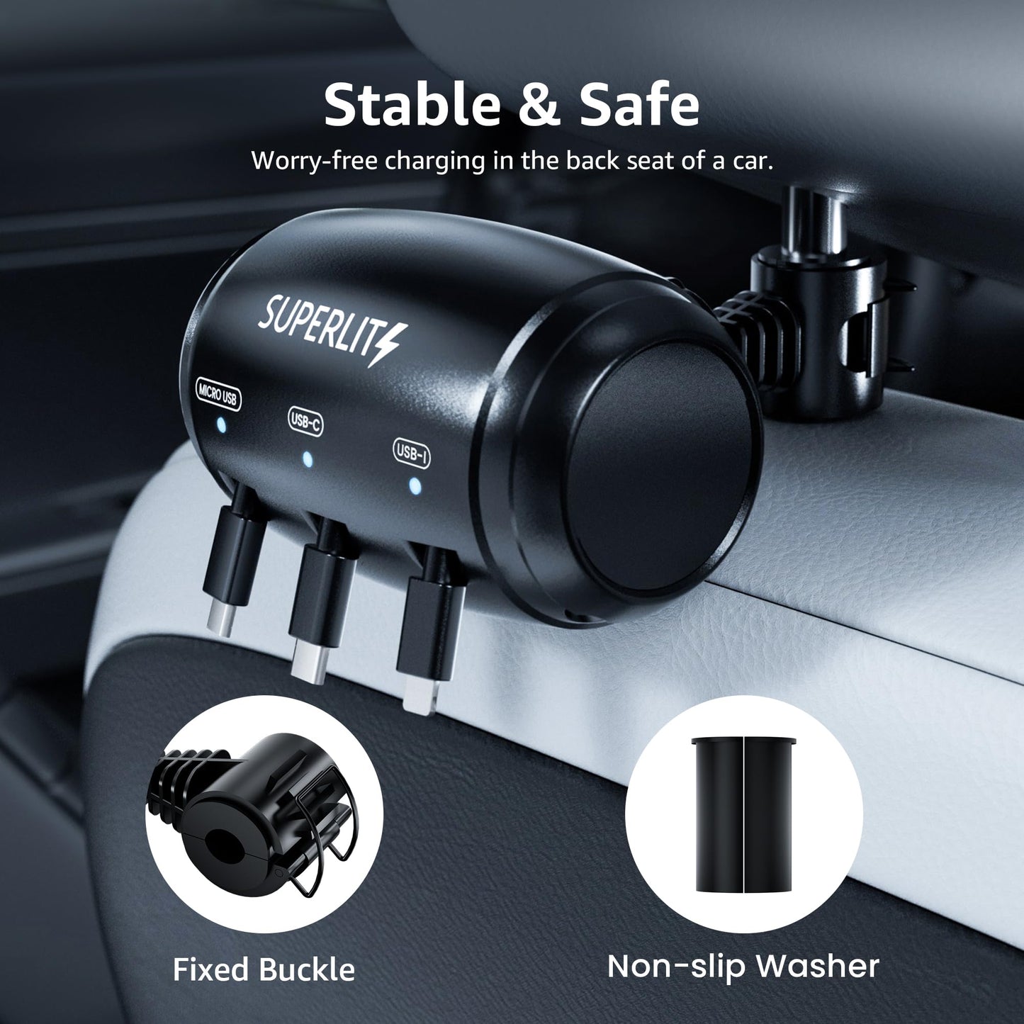 🔌📱 SUPERLIT 3-in-1 Fast Car Charger – Backseat Mount